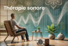 Homme méditant avec casque audio et musique relaxante.