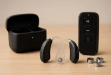 Appareil auditif avec accessoires sur table en bois.