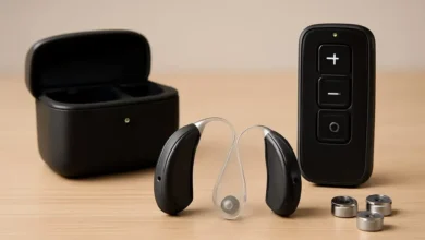 Appareil auditif avec accessoires sur table en bois.