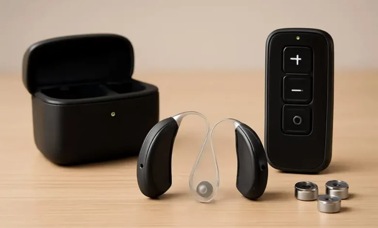 Appareil auditif avec accessoires sur table en bois.