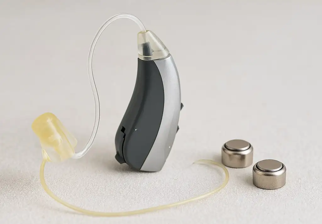 Appareil auditif avec deux piles grises sur table.