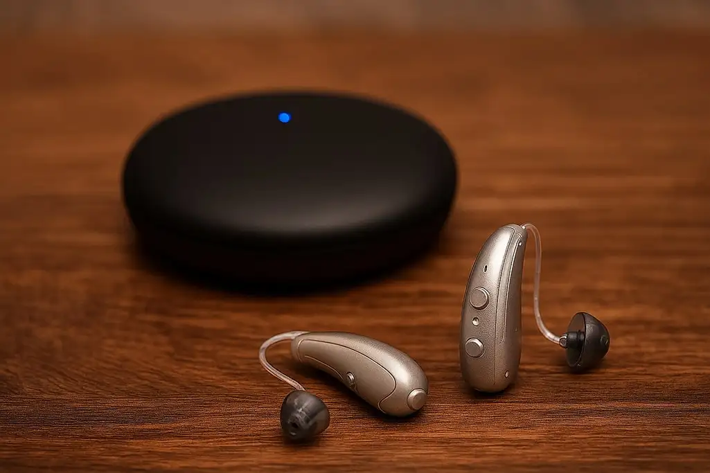 Appareils auditifs et boîtier noir sur table.