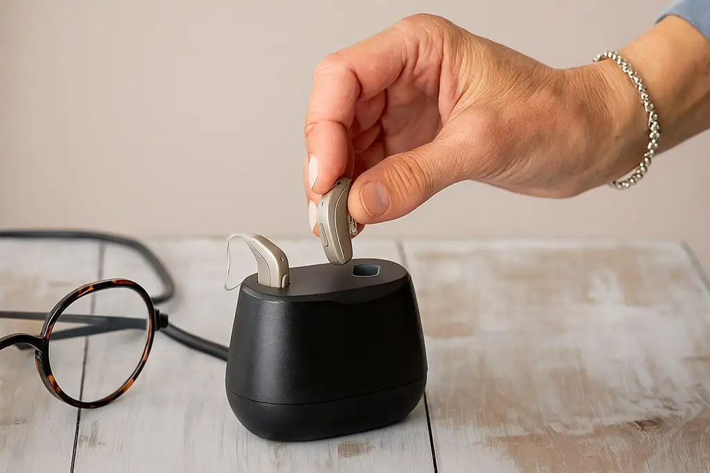 Main plaçant prothèse auditive dans un chargeur.