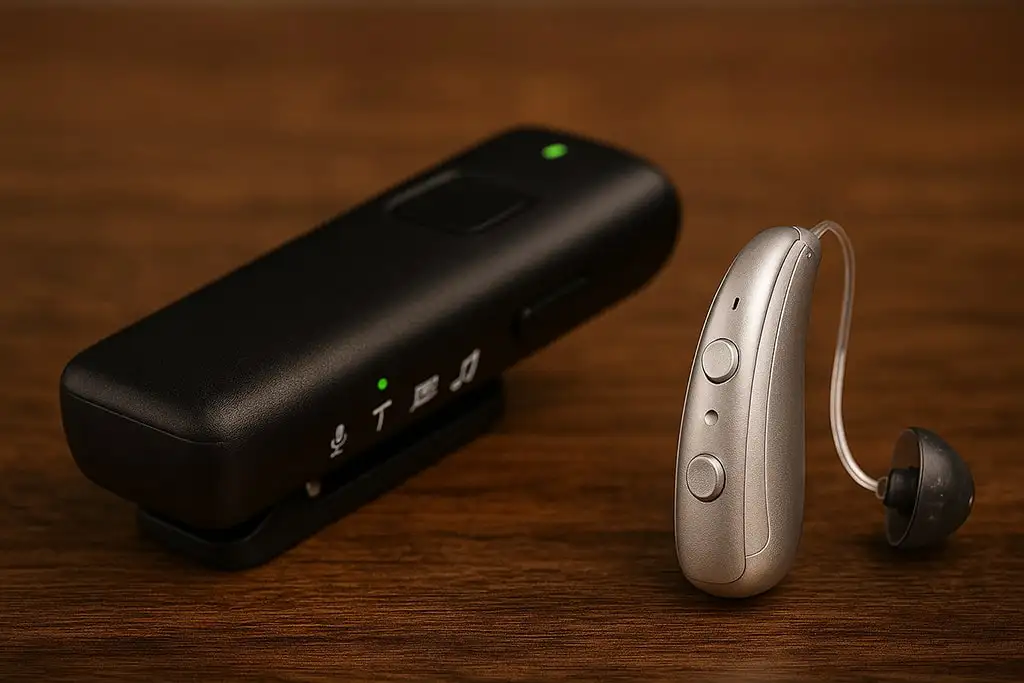 Appareil auditif et chargeur sur table en bois.