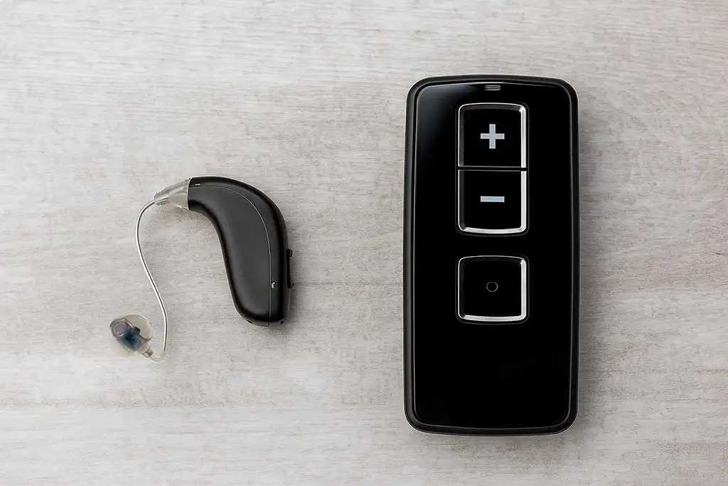 Appareil auditif avec télécommande sur table blanche.